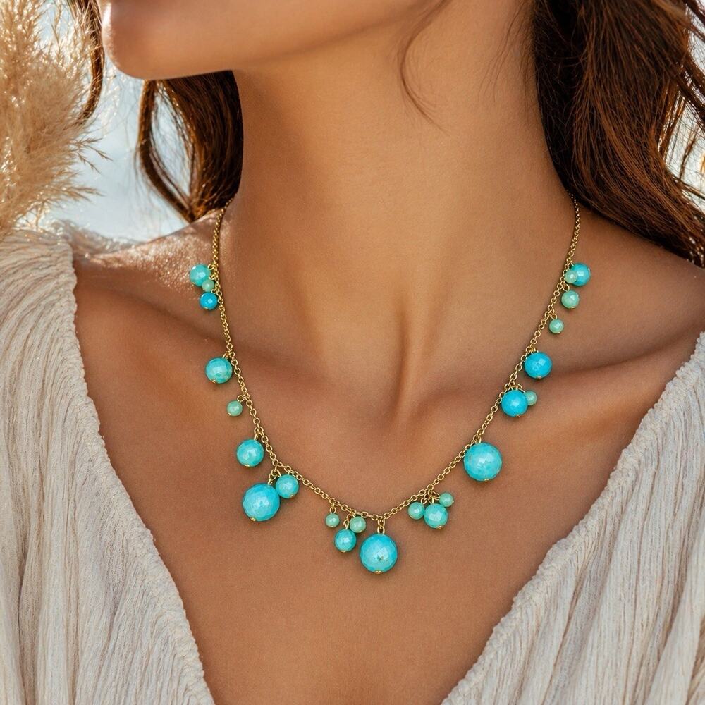 Vintage Mimi Golzer Turquoise Beaded Necklace Gold Tone Dangle Cluster Boho